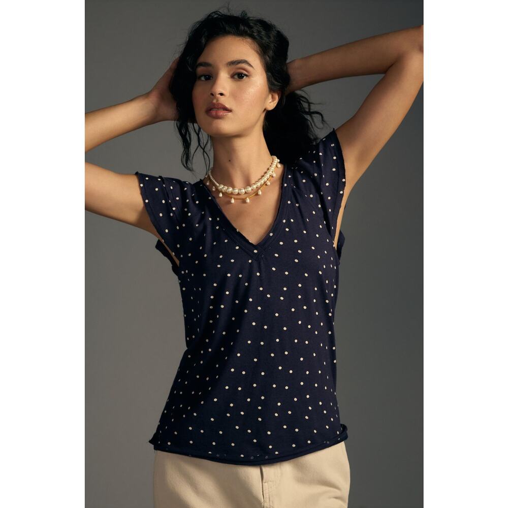 nwt ANTHROPOLOGIE sz M Catie Ruffle Sleeved Tee in Sapphire polka dot motif